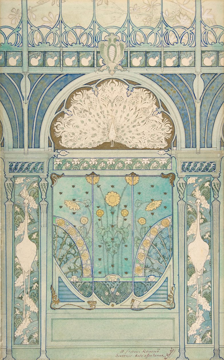 Návrh nástěnné dekorace s pávem, jeřáby a slunečnicemi pro restauraci..., 1896-98 od Emile Hurtré