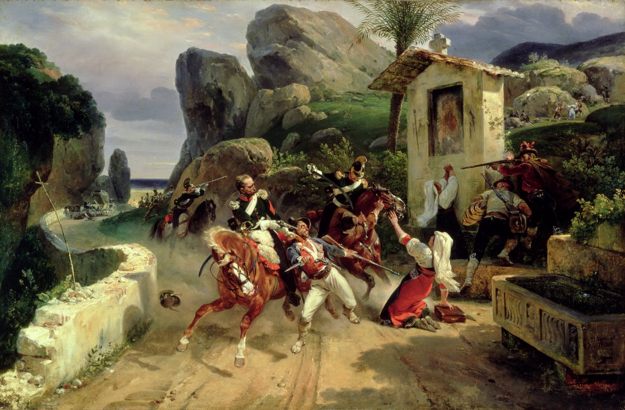 Italští lupiči překvapení papežskými vojsky, 1831 od Emile Jean Horace Vernet