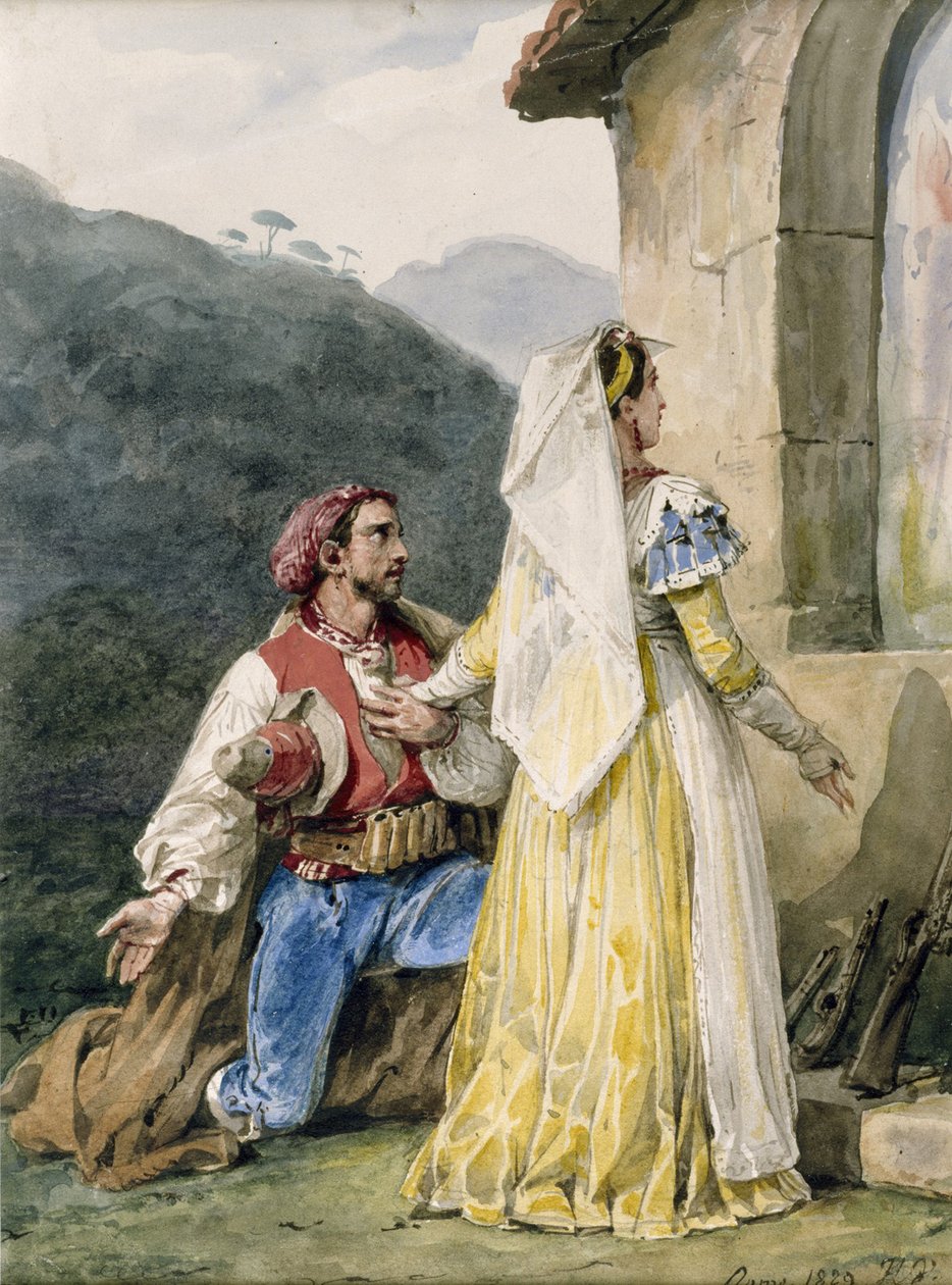 Italští rolníci před svatyní, 1829 (wc na papíře zvýrazněném lepidlem) od Emile Jean Horace Vernet