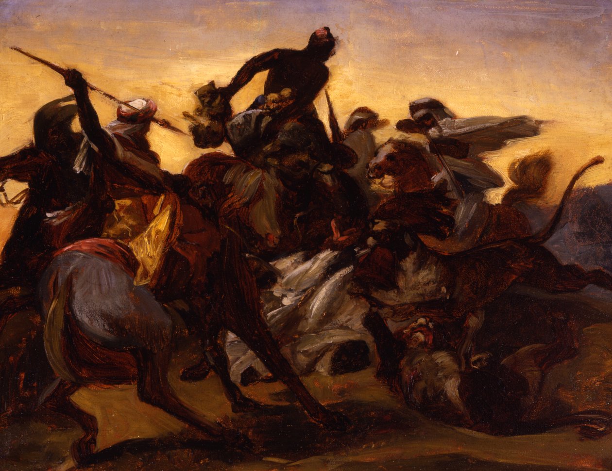 Sketch for The Lion Hunt, kolem roku 1836 (olej na papíře na plátně) od Emile Jean Horace Vernet