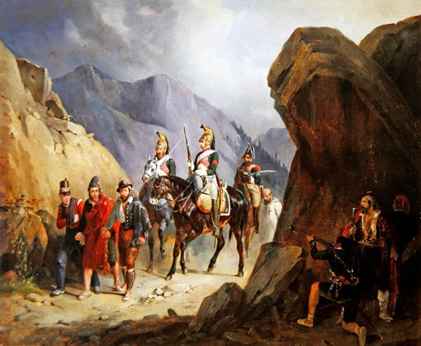 The Ambush, bandité, kteří mají v úmyslu osvobodit své kamarády (olej na papíře) od Emile Jean Horace Vernet