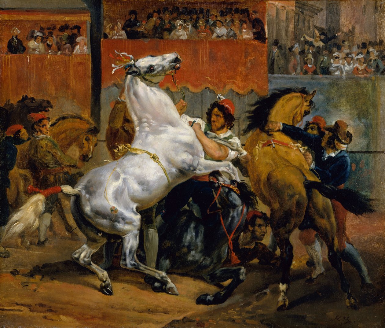 Začátek dostihu koní bez jezdců od Emile Jean Horace Vernet