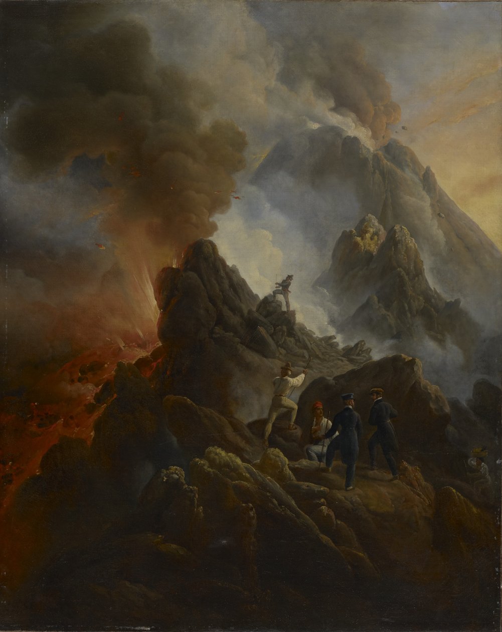 Erupce Vesuvu, umělec a jeho otec, Carle Vernet, v popředí, c. 1822 od Emile Jean Horace Vernet