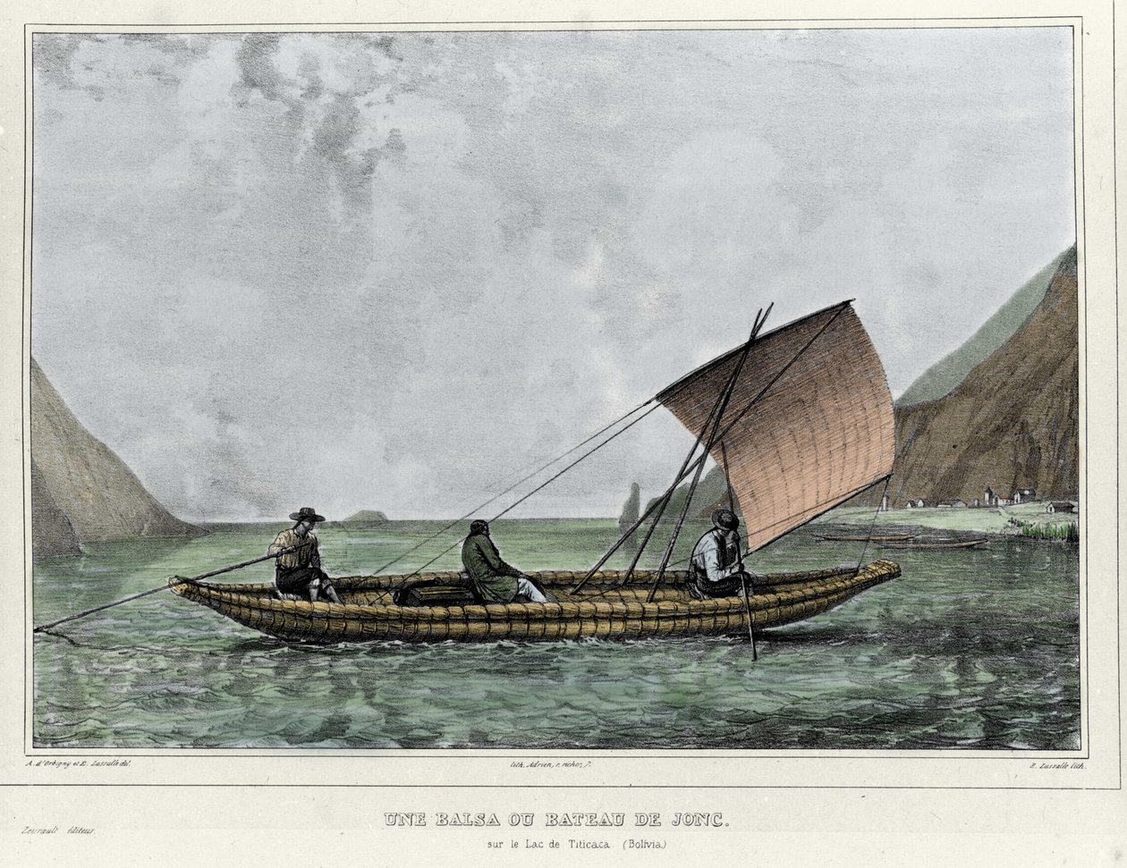 Balsa nebo vyrážková loď na jezeře Titicaca (Bolívie). Litografie Emile Lassalle (1813-1871) - v „“Plbě v Jižní Americe““ Alcide D