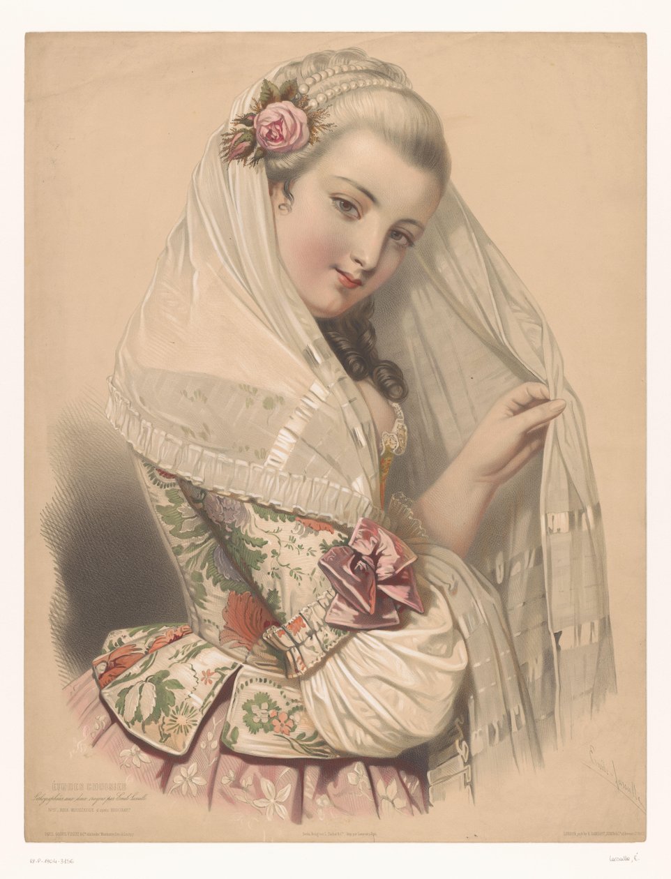 Zahalená mladá žena s růží ve vlasech Rose mousseuse (název na objektu) Studie vybraných umělců (název série) Etudes choisies (název série na objektu) od Emile Lassalle