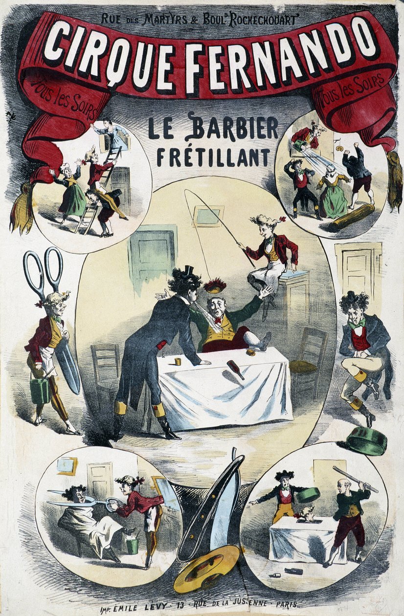 Cirque Fernando: The Write Barber - Plakát od Lévy, konec 19. století od Emile Levy