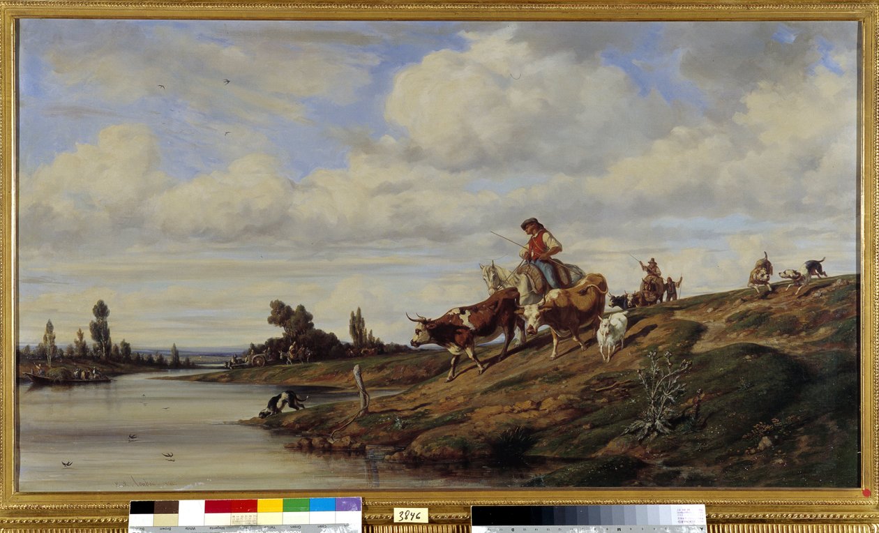 Průchod krávy Gue A míjející řeku se svým stádem. Obraz Emile Loubona (1809-1863) Povinná zmínka: Collection fondation needs de Provence, Marseille od Emile Loubon