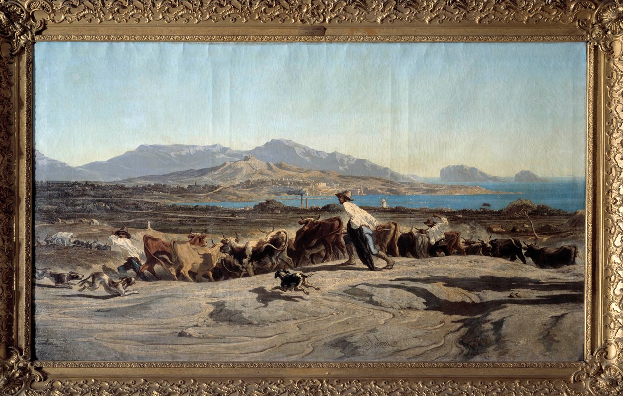 Pohled na Marseille z Aygalades, denní procházka V popředí mladých pastýřů se stádem. Obraz Emila Loubona (1809-1863) 1853 Rozm. 1,40 x 2,60 m Marseille. Muzeum výtvarných umění od Emile Loubon