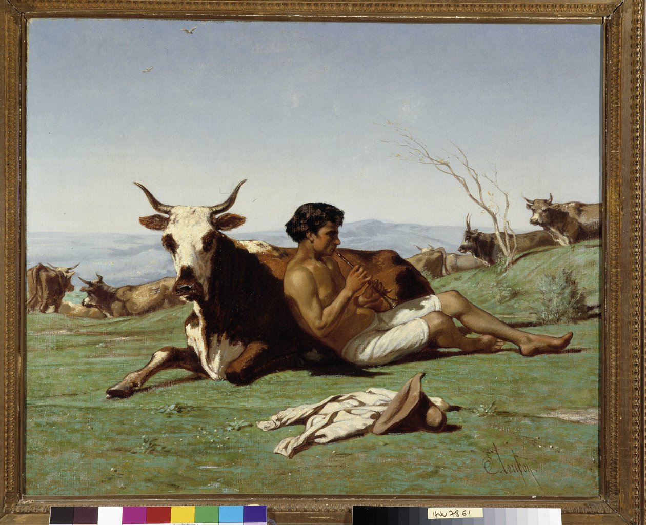 Mladý patre hrající na flétnu. Obraz Emila Loubona (1809-1863). Povinná zmínka: Collection fondation needs de Provence, Marseille od Emile Loubon