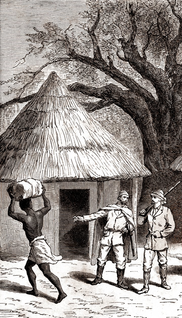 Průzkumníci a nosiči před africkou chýší, 1887 (