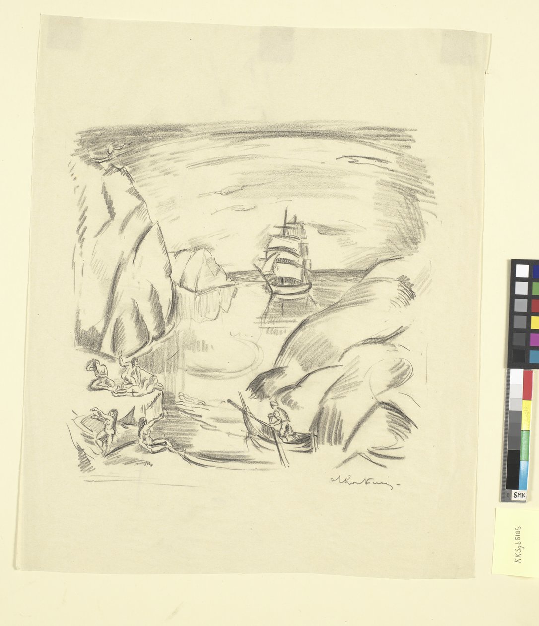 Mořská zátoka s plachetnicí a koupajícími se ženami od Emile Othon Friesz