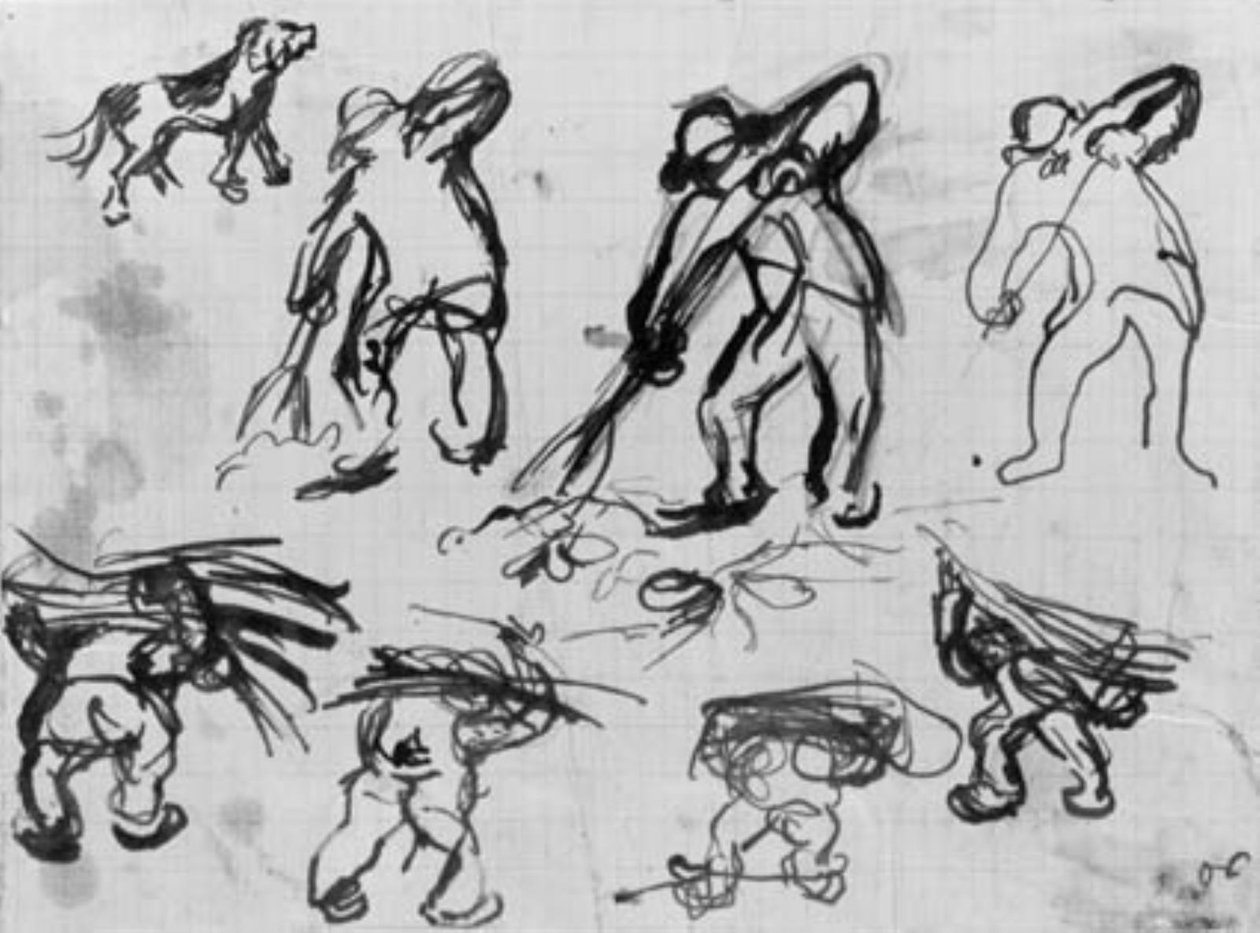 Sedm nákresů mužů, kteří kopou a nosí dříví a nákres psa. od Emile Othon Friesz