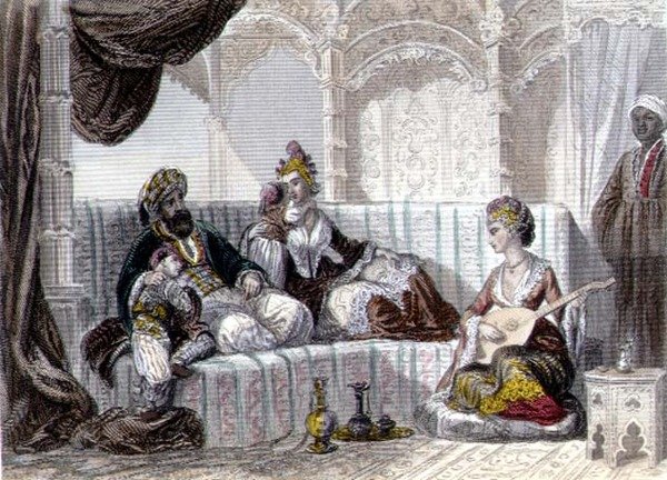 Interiér s beyem a jeho rodinou, z „Konstantinopole a Černého moře“, vyrytý bratry Rouergueovými od Emile and Rouergue Adolphe Rouergue