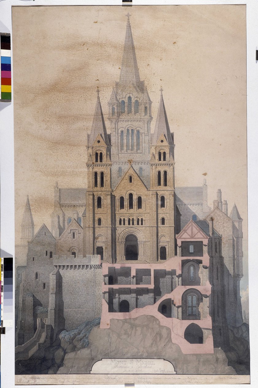 Gotická architektura: průčelí kostela a řez opatských domů. Kresba Městského muzea Avranches (Manche) od Emile Sagot