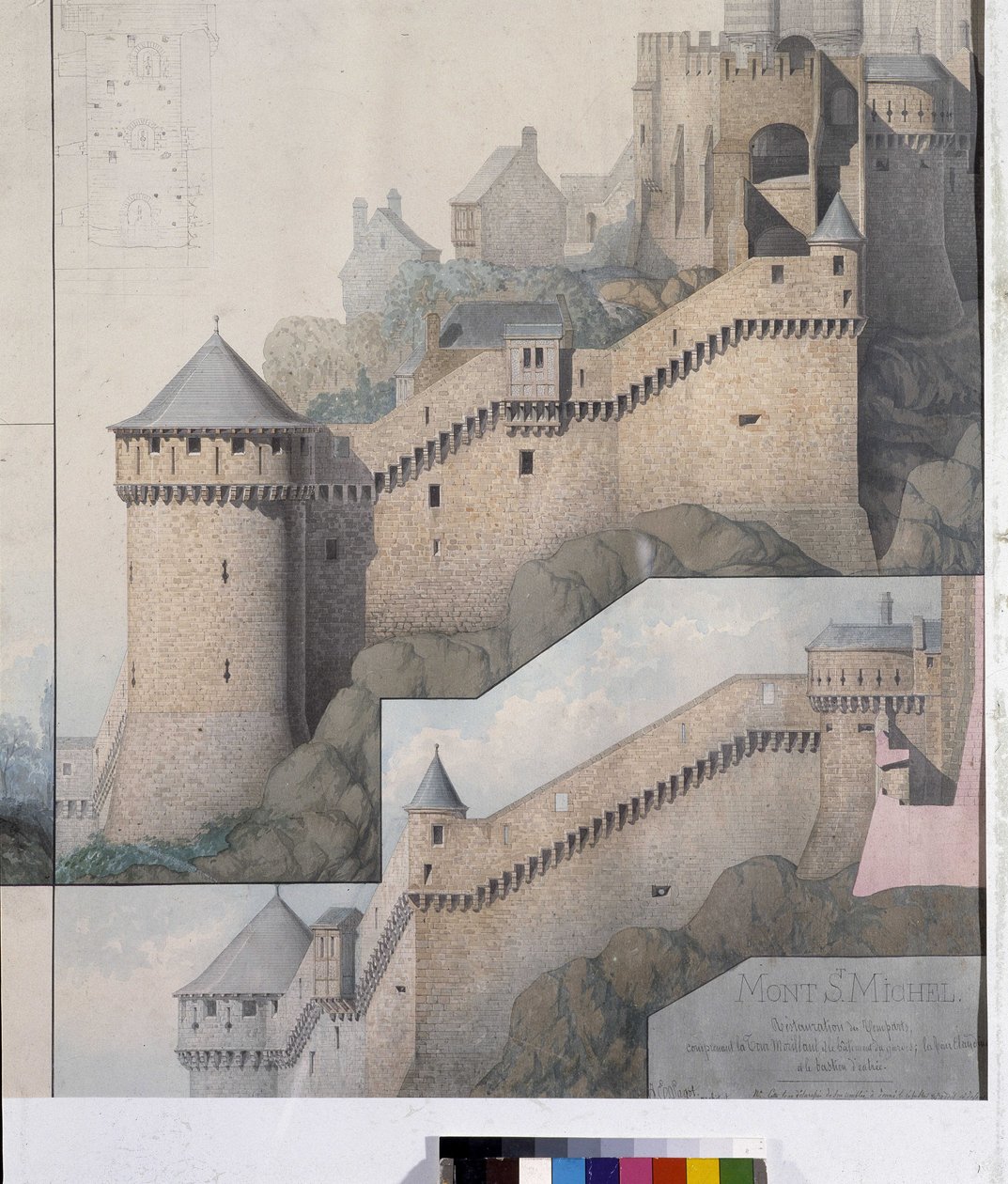 Pohled na machicoulis mezi severní věží a Claudine Tower of Mont Saint Michel. Kresba Emile Sagot. Městské muzeum Avranches (Manche) od Emile Sagot