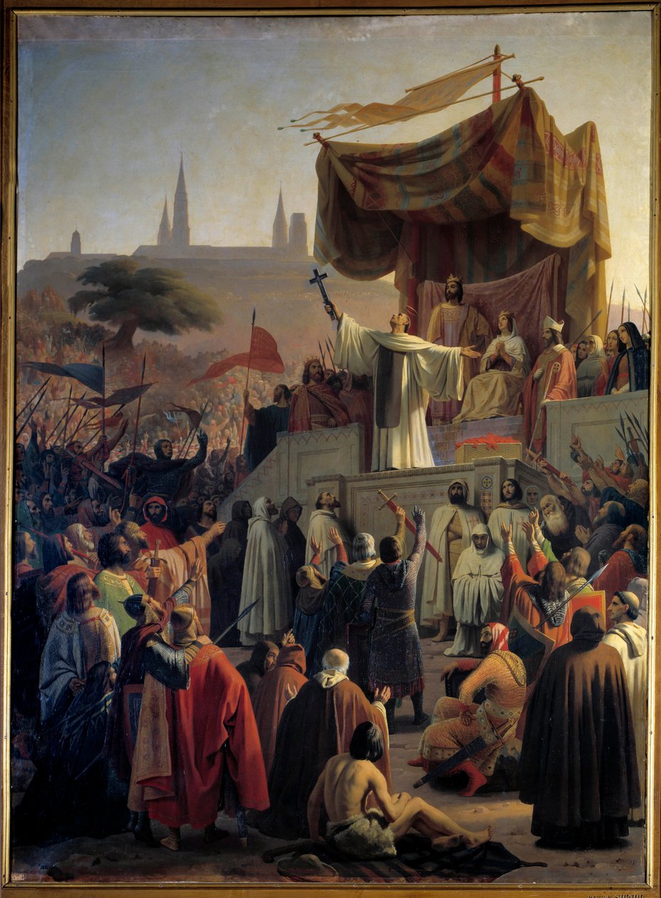 Svatý Bernard z Clairvaux (San Bernardo di Chiaravalle) káže druhou křížovou výpravu za přítomnosti krále Ludvíka VII. a královny Alienora Akvitánské a abbé Sugera ve Vezelay v Burgundsku dne 31. března 1146. (Sv. Bernard káže druhou křížovou výpravu ve Ve od Emile Signol
