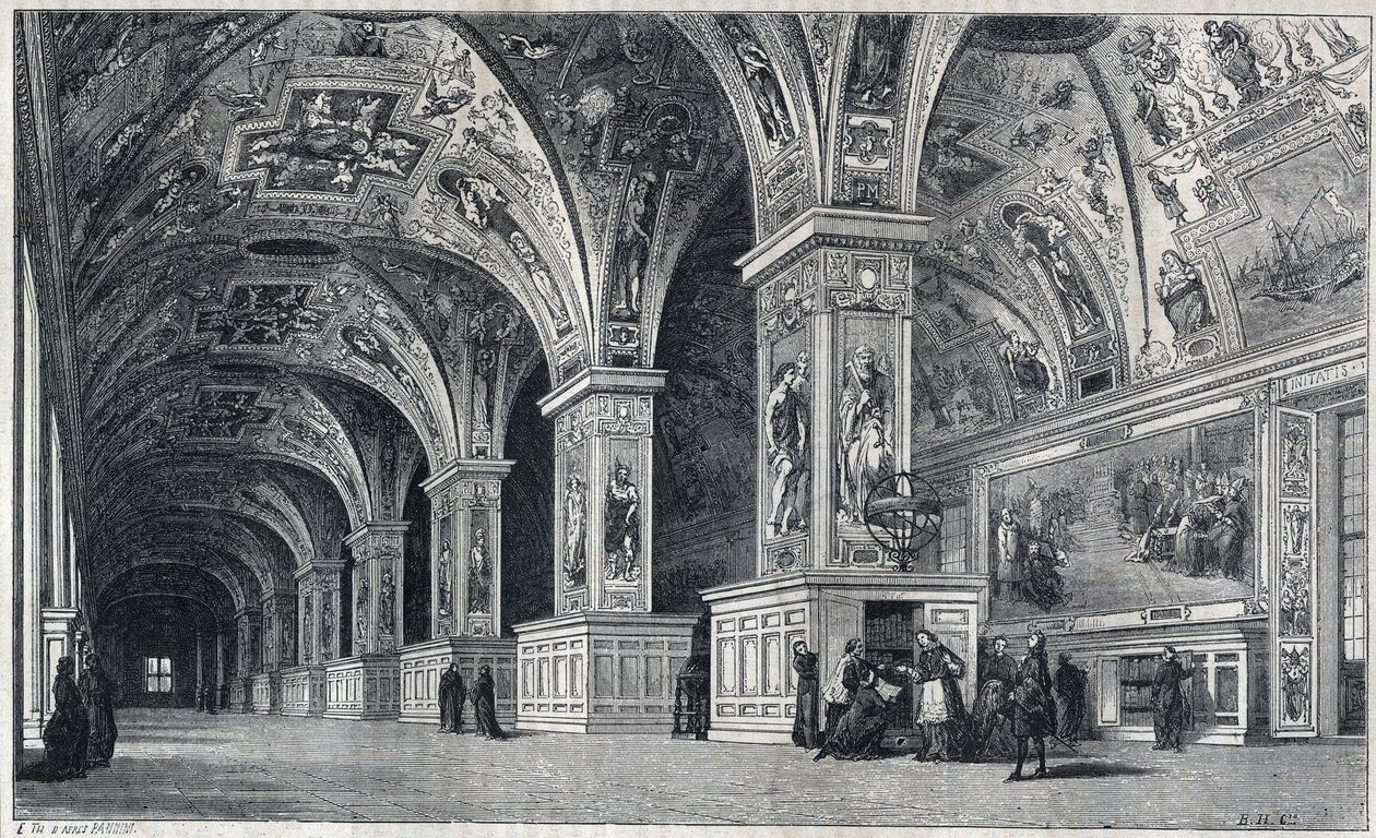 Vnitřní pohled na vatikánskou knihovnu v 18. století. Rytina Theronda z kresby Francoise Panniniho. od Emile Theodore Therond