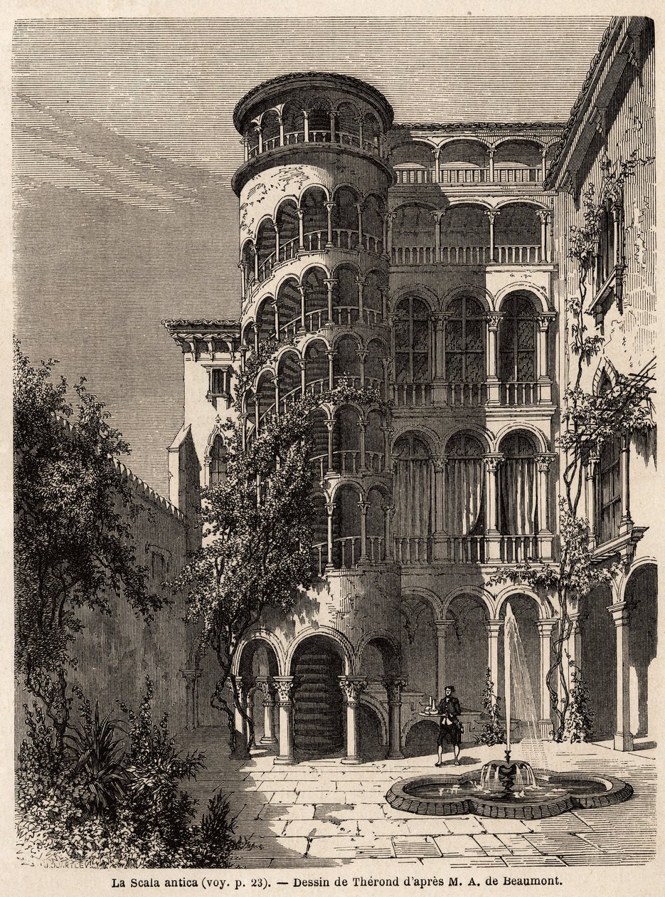 La Scala Antica, kresba Theronda, k ilustraci cesty Adalberta de Beaumonta do Benátek kolem roku 1850. Rytina „“Le tour du monde““, editoval Edouard Charton od Emile Theodore Therond