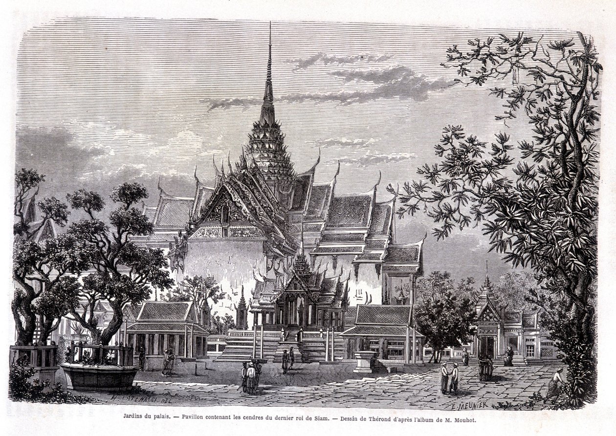 Palácová zahrada. Pavilon obsahující popel posledního krále Siamu. Kresba Thérond z alba M. Mouhota. “Tour du monde” od Emile Theodore Therond