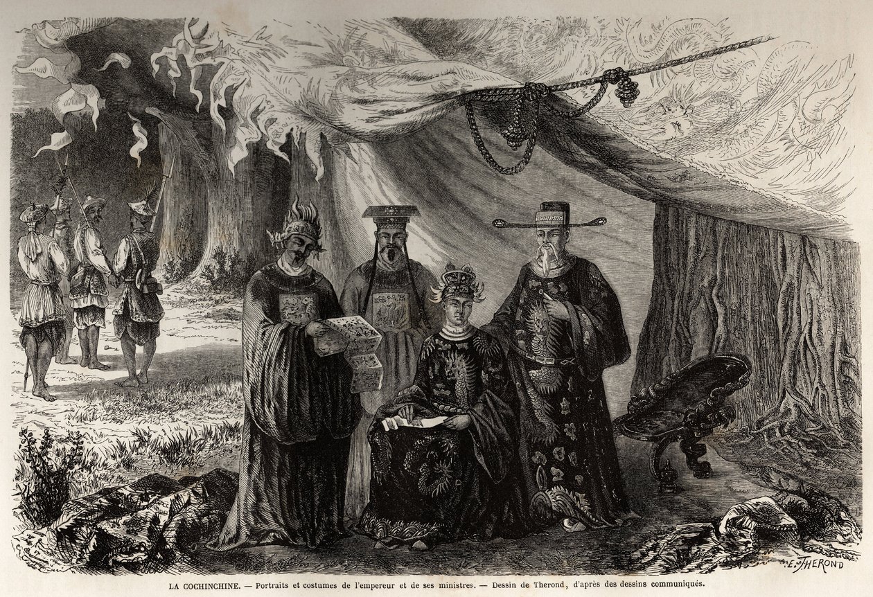 Portréty a kostýmy císaře z Annamu a jeho ministrů Cochinchine, kresba Theronda, k ilustraci jedinečné korespondence s Cochinchine v roce 1859. Rytina v „“ Le tour du monde, nouveau journal des voyages““ Paris od Emile Theodore Therond