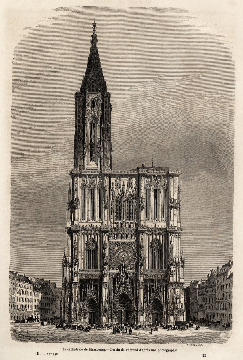 Fasáda katedrály ve Štrasburku, kresba Theronda, k ilustraci cesty Victora Duruye z Paříže do Bukurešti v roce 1860. Rytina „“Le tour du monde““ 1861. Selva sbírka. od Emile Theodore Therond