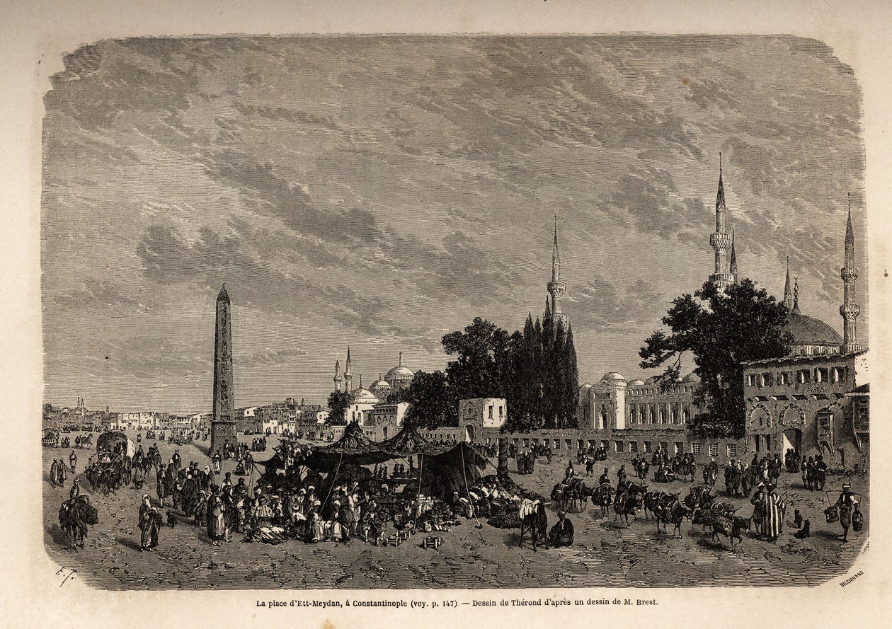 Náměstí Ett Meydan, Konstantinopol (dnešní Istamboul, Turecko), kresba Theronda pro ilustraci studie o tureckých ženách z roku 1862 od F. Jeruzaléma. Rytina v „“Le tour du monde““, editoval Edouard Charton od Emile Theodore Therond
