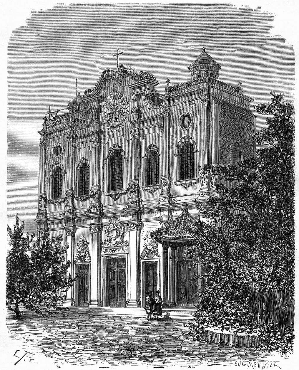 Pohled na průčelí katedrály Nantang, postavené na místě domu Mattea Ricciho (1552-1610), otce katolicismu v Číně. Rytina podle kresby od Theronda v „“ Le Tour du Monde, Nouveau journal des Voyages“, editoval Edouard Chart od Emile Theodore Therond