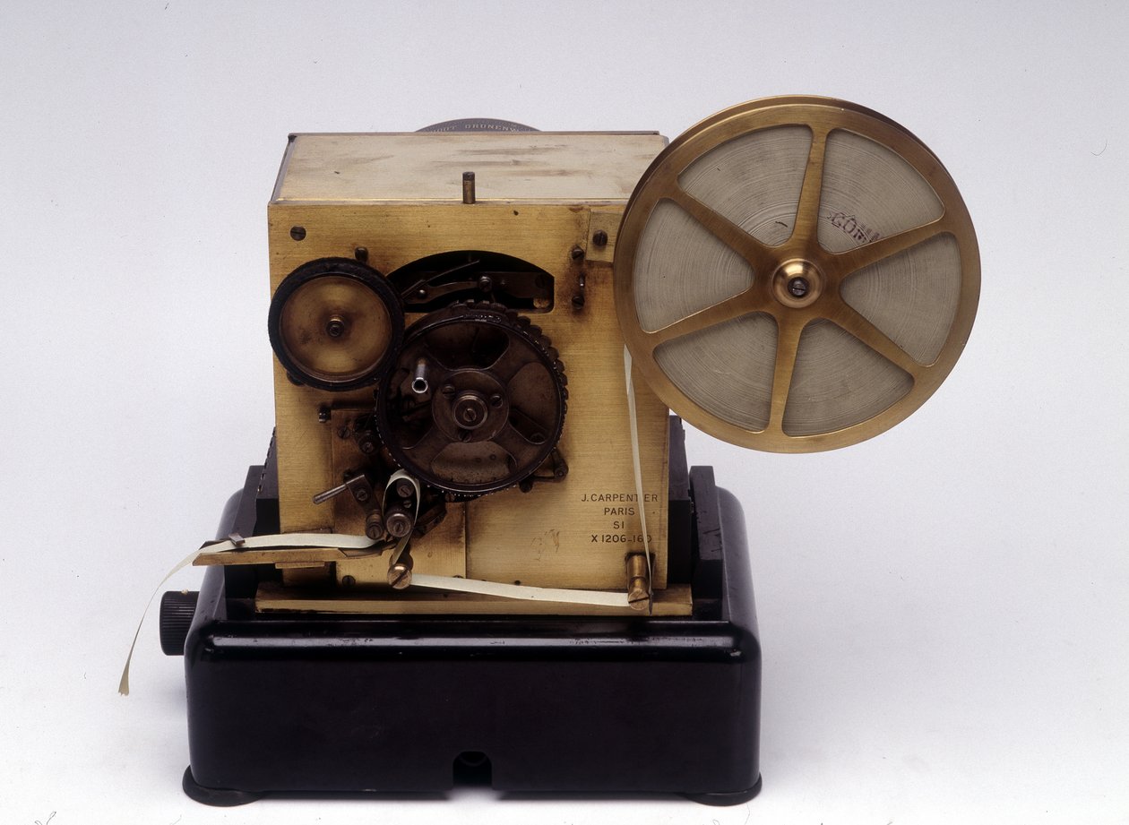 Telegrafní tiskárna systému Baudot, patentovaná 1874 (kombinovaná média) od Emile and Carpentier Jules Baudot