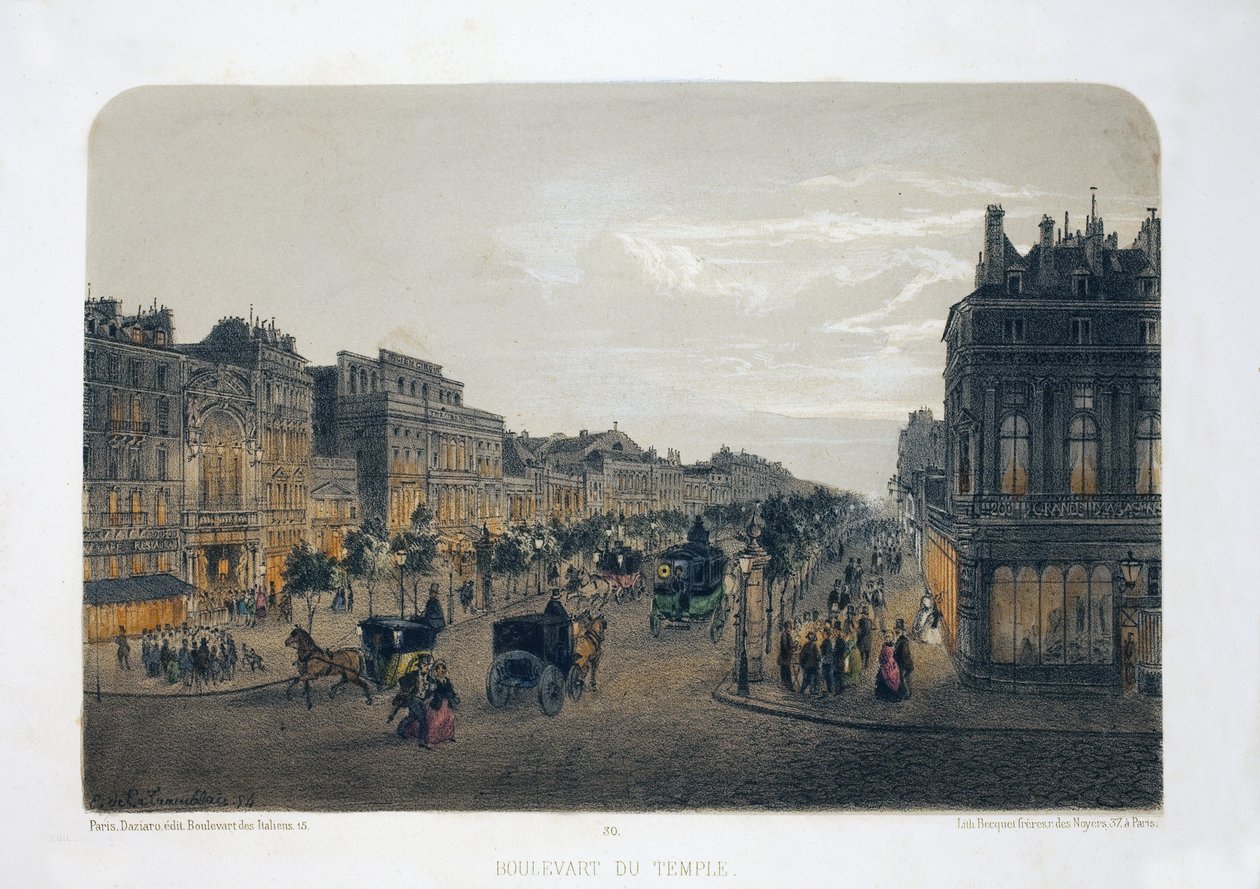 Boulevard du Temple, Paříž. Litografický akvarel, ilustrace E.de la Tramblaiz, v „Album, souvenirs de Paris“, editor Daziaro, Paris od Emile de la Tramblais