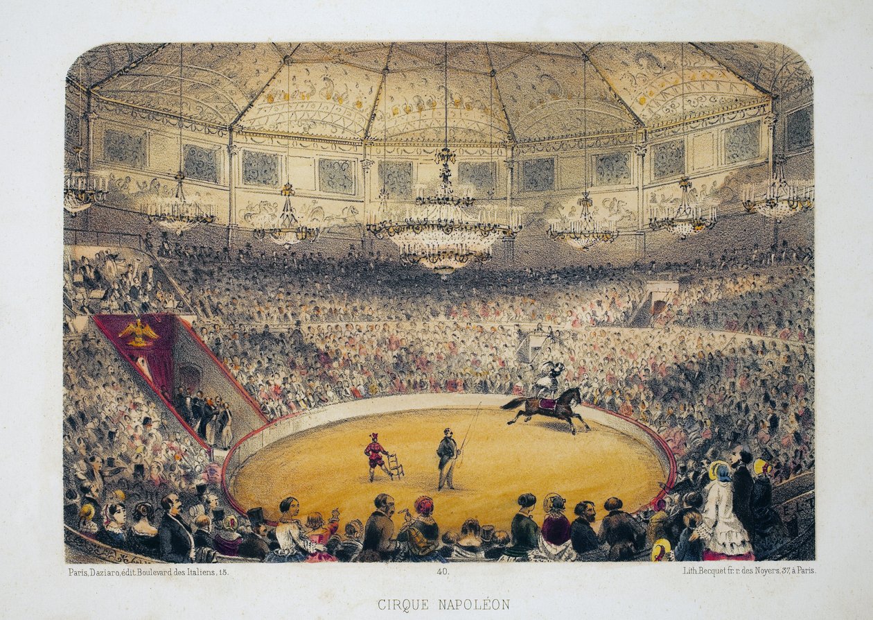 Cirque Napoleon (současný zimní cirkus, rue Amelot, Paříž). Litografický akvarel, ilustrace E.de la Tramblaiz, v „Album, souvenirs de Paris“, editor Daziaro, Paris od Emile de la Tramblais