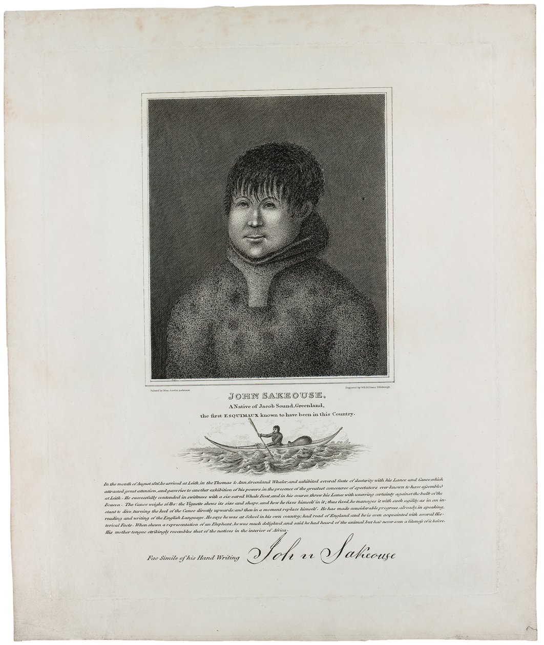 John Sakeouse, rodák z Jacob Sound, Grónsko, první Esquimaux, o kterém je známo, že byl v této zemi, 1816 od Emilia Anderson