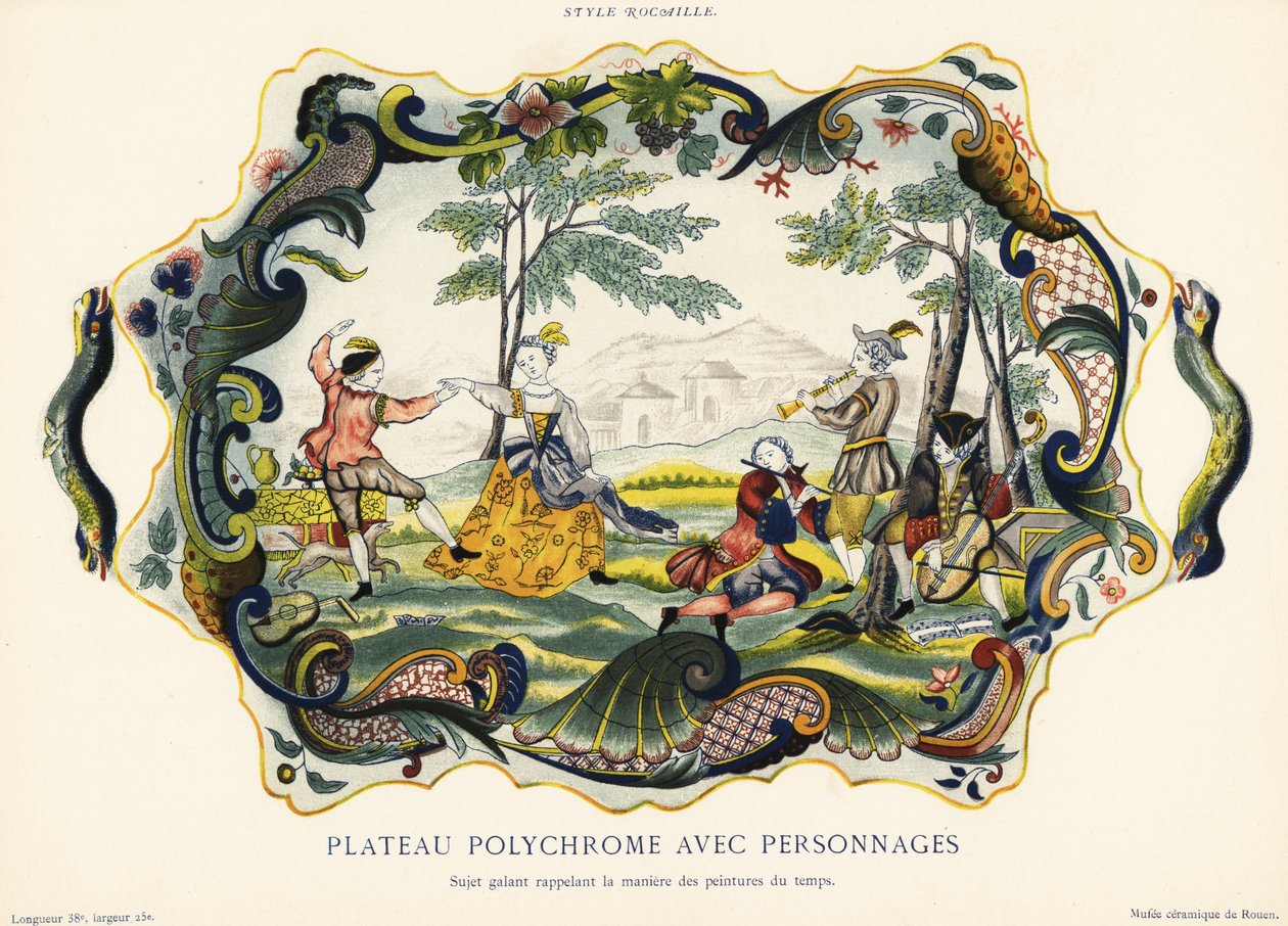 Talíř s figurkami ve stylu rockery, Rouen. ,1870 (chromolitograf) od Emilie Pottier