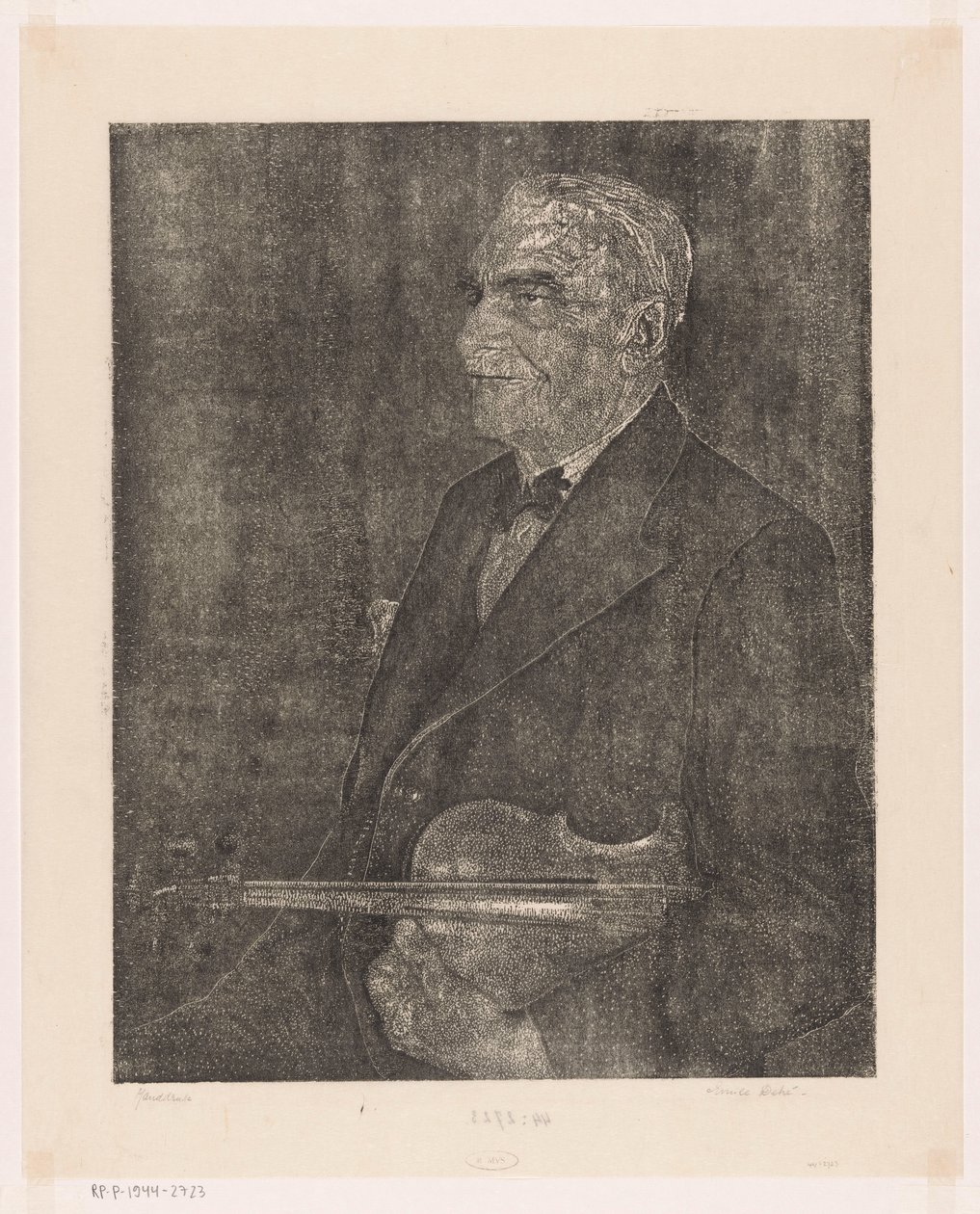 Portrét umělcova otce s houslemi od Emilius Wilhelmus Dehé (signed by artist)