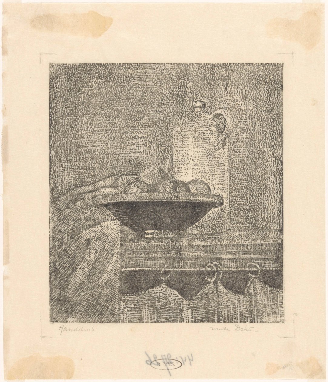 Zátiší s džbánem a mísou na ovoce od Emilius Wilhelmus Dehé (signed by artist)