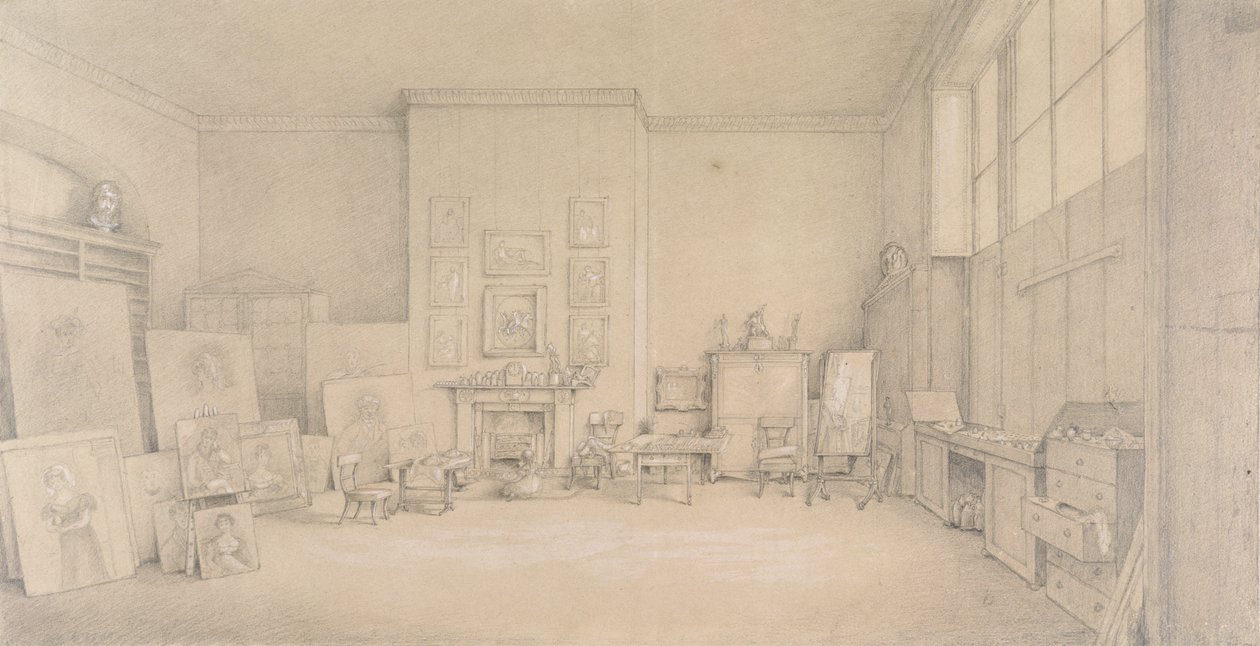 Studio sira Thomase Lawrence; 65 Russell Square, Londýn, 1824 (tužka, zvýrazněná bílými doteky na lesklém papíře) od Emily Calmady