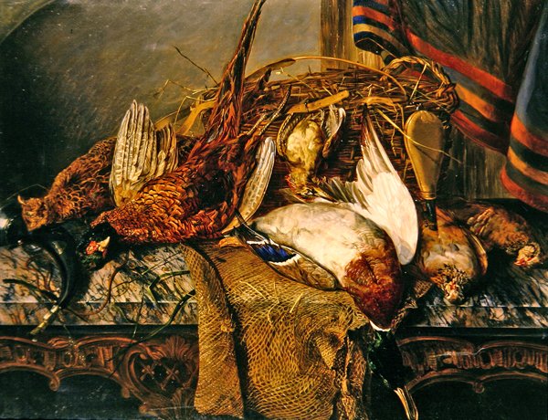 Zátiší s bažanty na mramorovém stole, asi 1850 (olej na plátně) od Emily Stannard