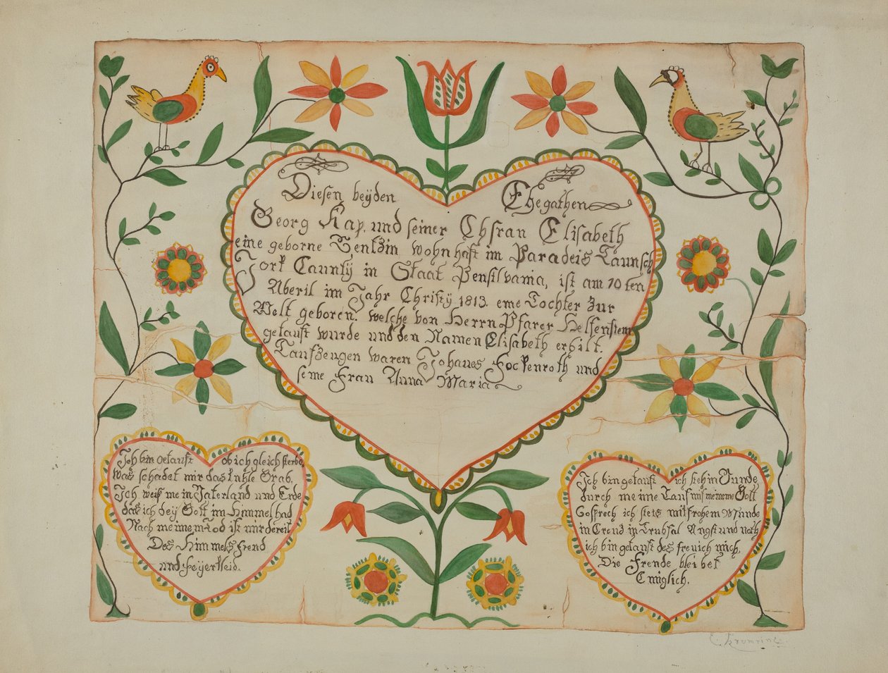 Fraktur - Rodný a křestní list od Emma M. Krumrine