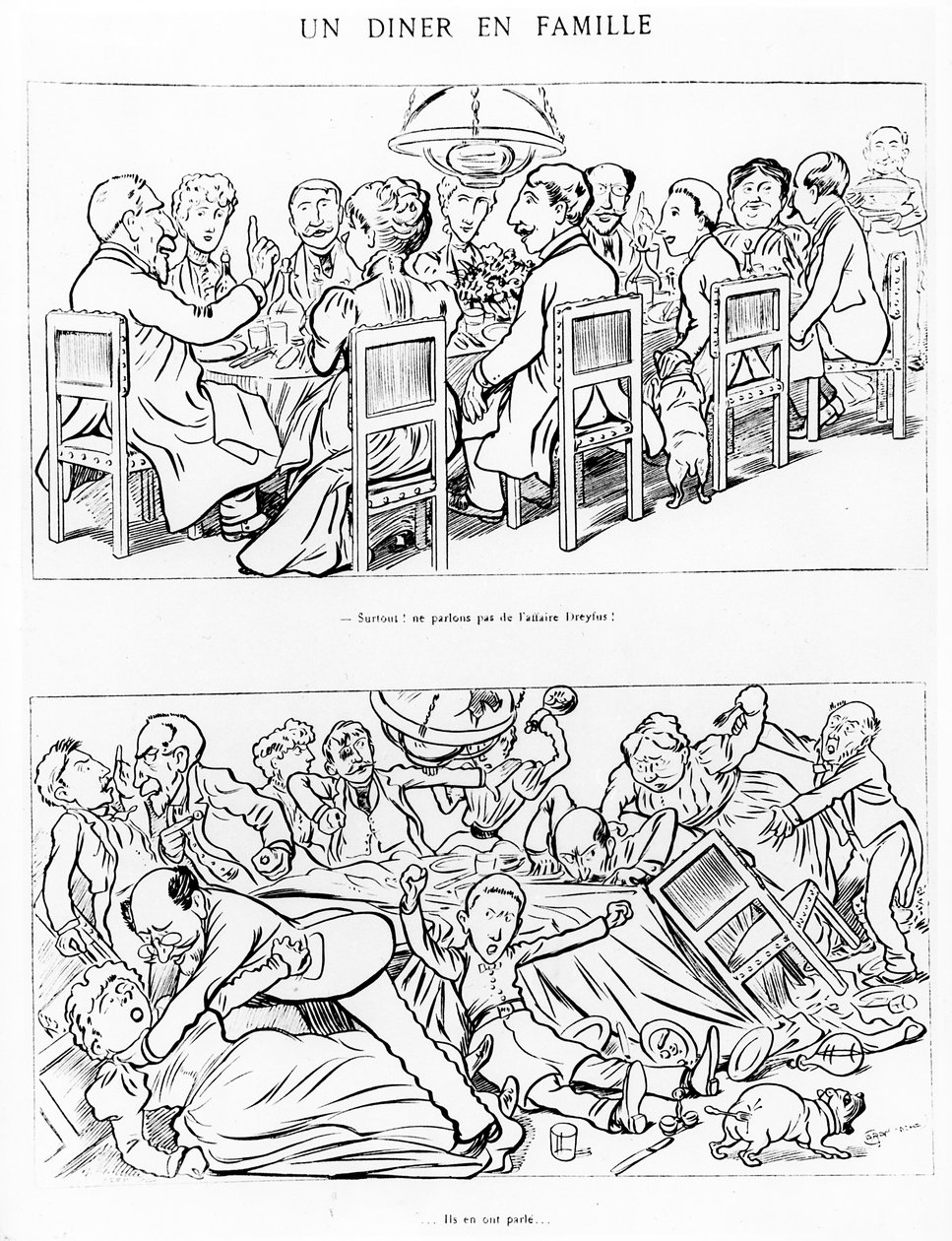 Karikatura rodinné večeře před a po promluvě o Dreyfusově aféře, kolem roku 1894 od Emmanuel Poire Caran D