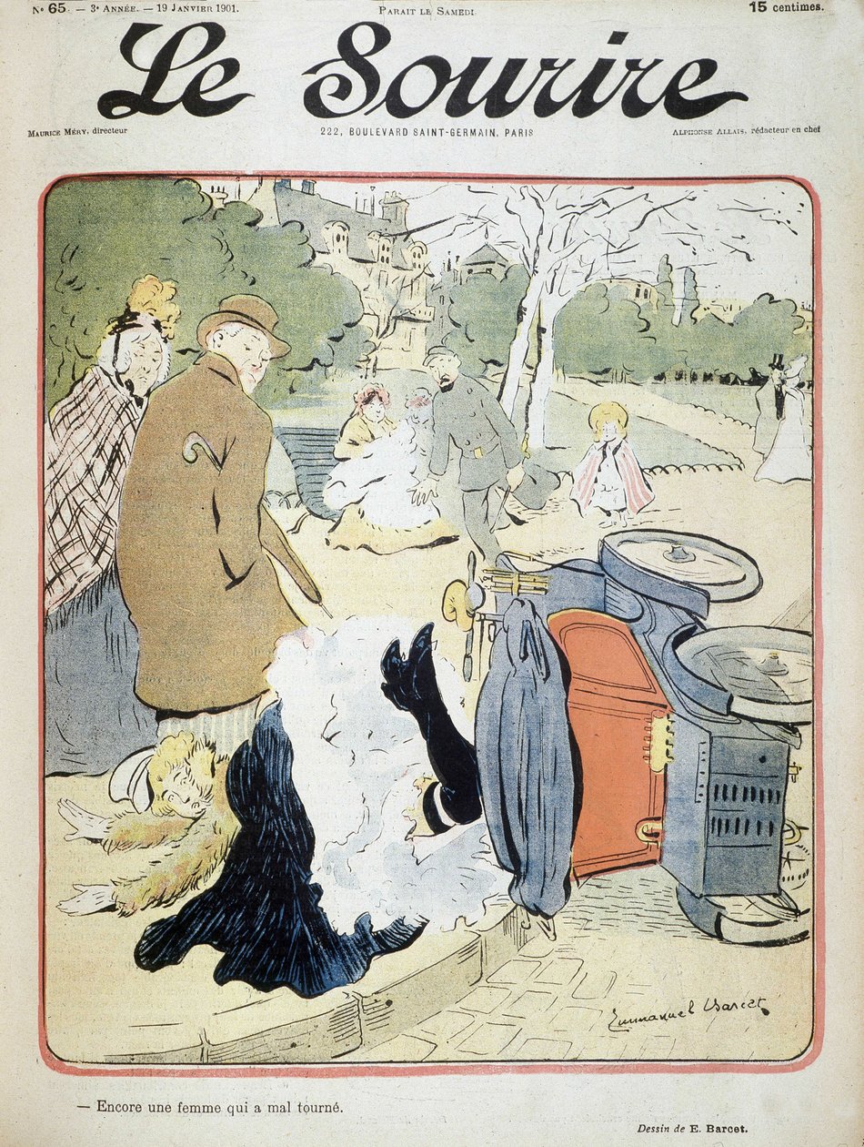 Autonehoda: „Další žena, která se pokazí.“ Ilustrace Emmanuel Barcet (1870-1940) – v „“Le Smile““ z 19. 1. 1901 od Emmanuel Barcet