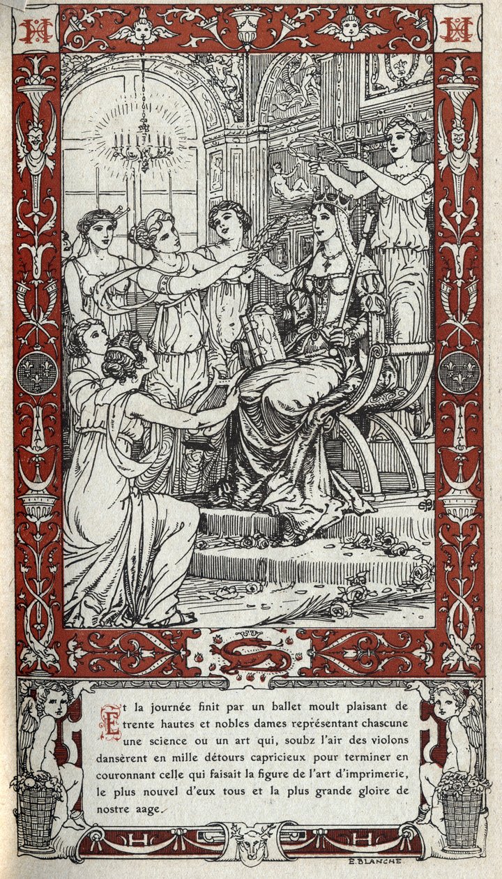 Balet na zámku Fontainebleau, během kterého dámy ze dvora krále Jindřicha II. (1519 - 1559) každá představují vědu nebo umění. Rytina z roku 1914 od Emmanuela Blanche (1880-1946). DR Soukromá sbírka. od Emmanuel Blanche