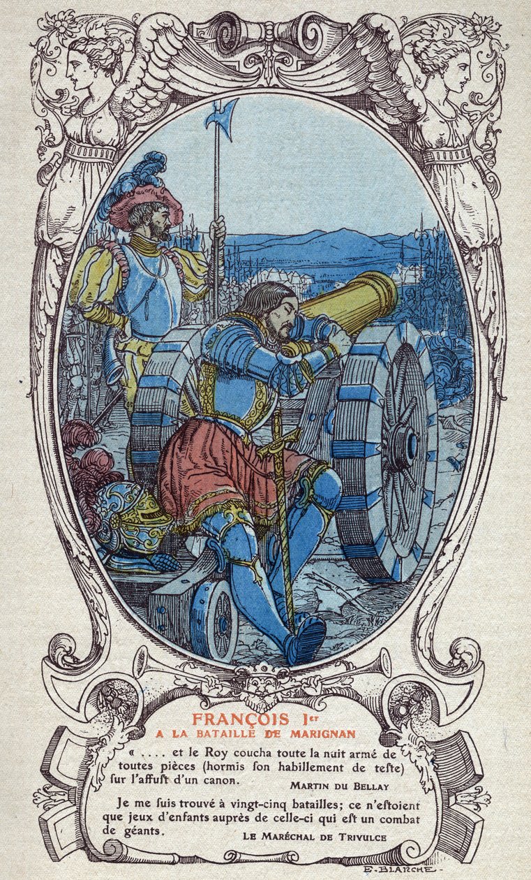 Francouzský král Francois I. (1494-1547) v bitvě u Marignanu 13. a 14. září 1515. Rytina z roku 1914 od Emmanuela Blanche (1880-1946). Soukromá sbírka DR. od Emmanuel Blanche