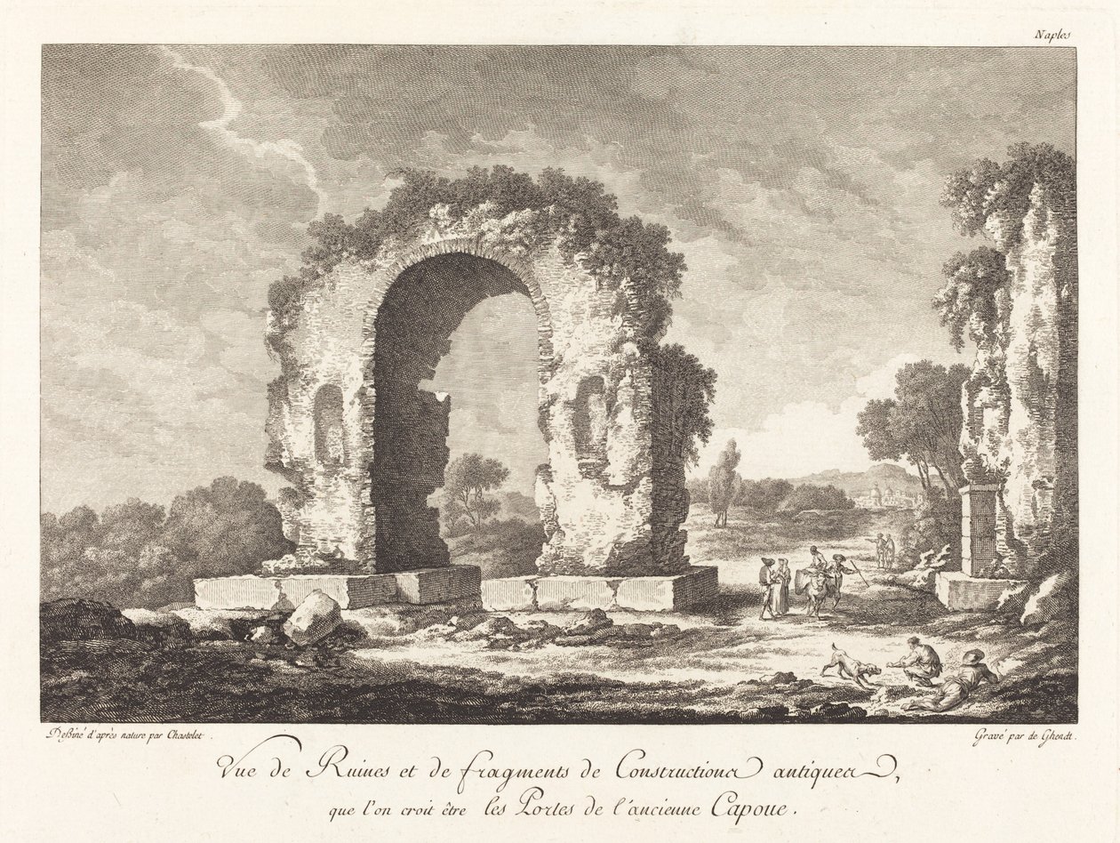 Pohled na ruiny a fragmenty starověké stavby...starověké Capuy od Emmanuel Jean Nepomucène de Ghendt after Claude Louis Châtelet