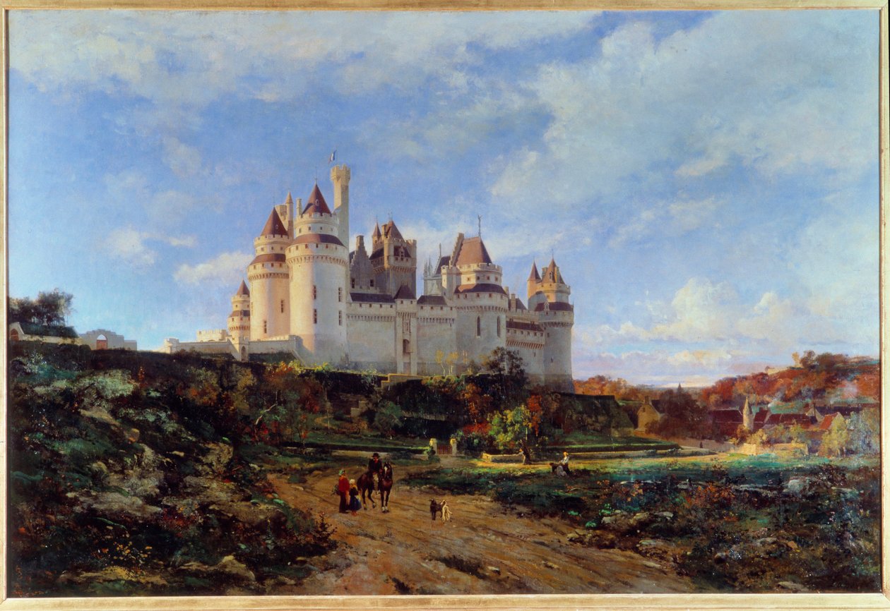 Pohled na hrad Pierrefonds v obraze Oise od Emmanuela Lansyera (1835-1893) Beauvais z 19. století. Musee departement de l