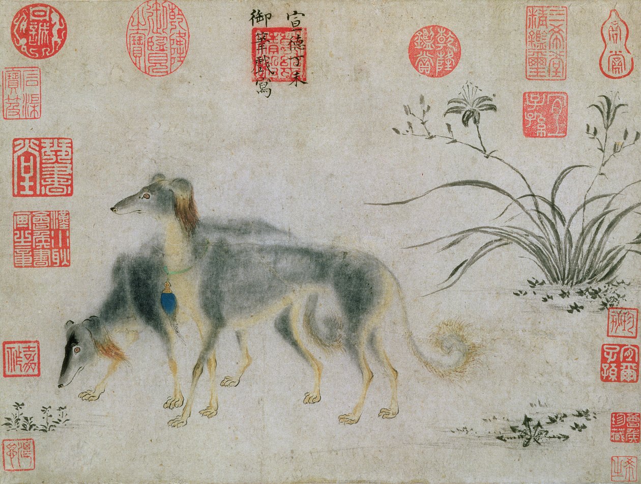 Dva saluki honiči, 1427 (inkoust na papíře) od Emperor Hsuan tsung