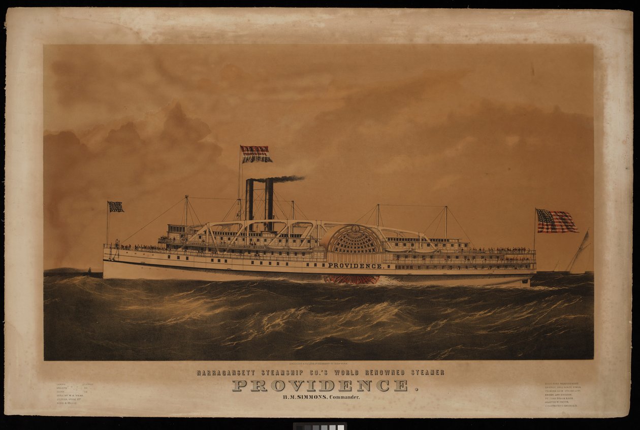 Světoznámý parník Providence B M Simmons společnosti Narragansett Steamship Co. Commander... (litografie, kolorovaná) od Endicott Endicott