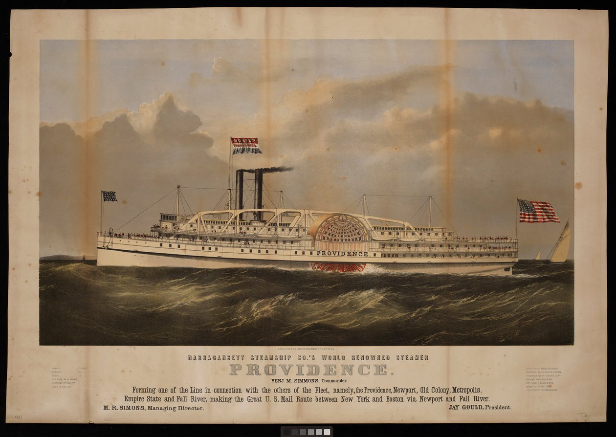 Světoznámý parník Providence Benj M Simmons společnosti Narragansett Steamship Co. Commander... (litografie) od Endicott Endicott