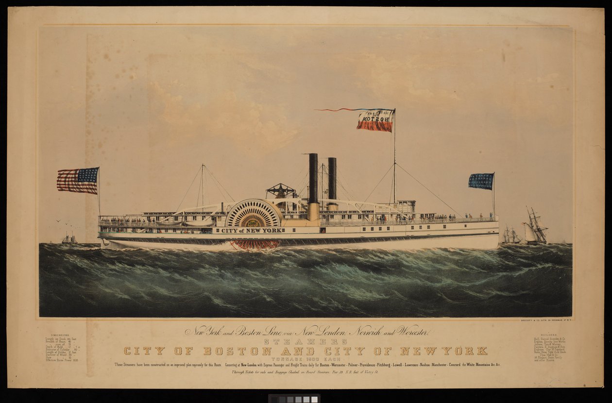 New York and Boston Line, přes New London, Norwich a Worcester parníky City of Boston a City of New York... od Endicott Endicott