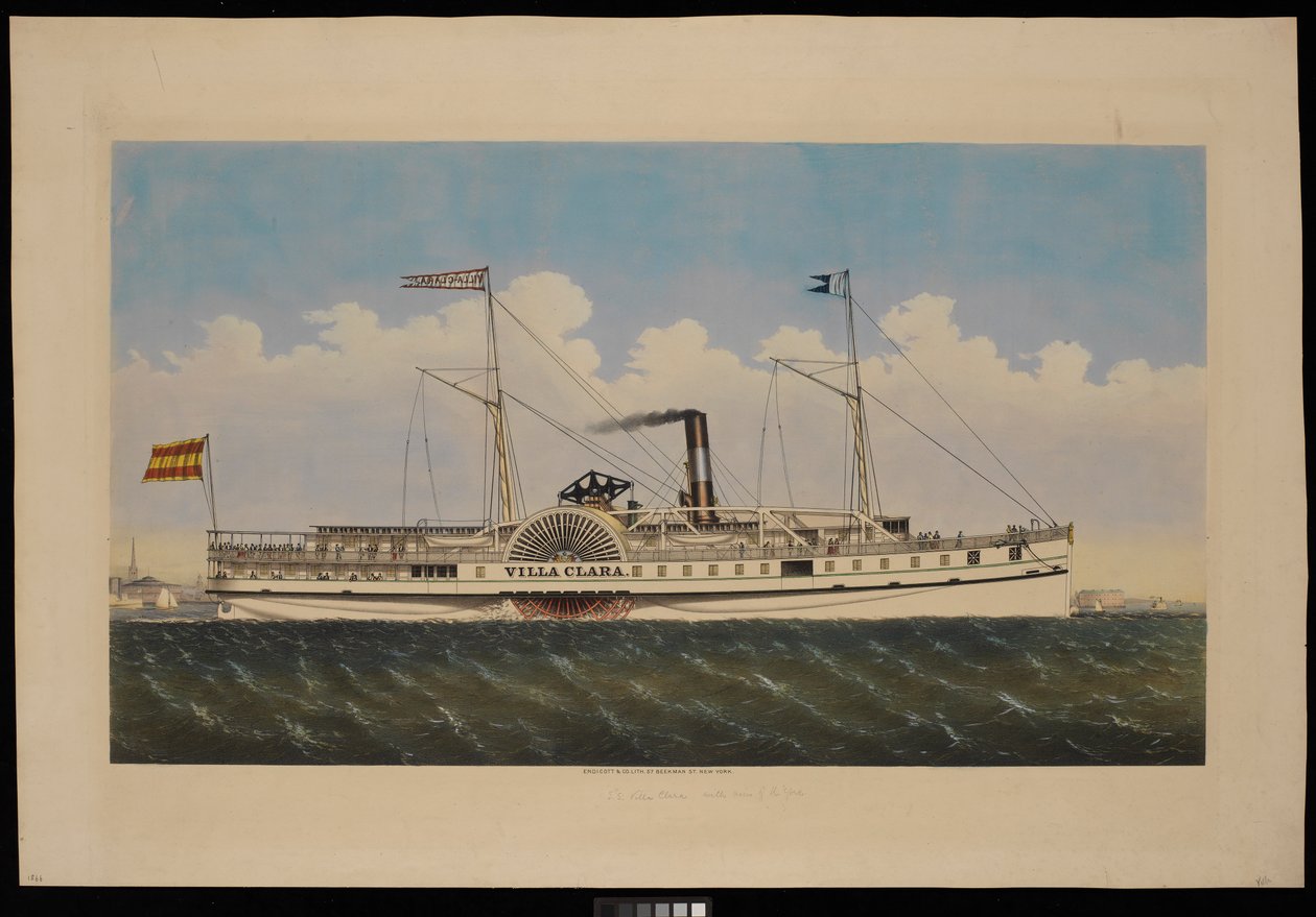 S.S. Villa Clara s výhledem na New York (litografie, kolorovaná) od Endicott Endicott