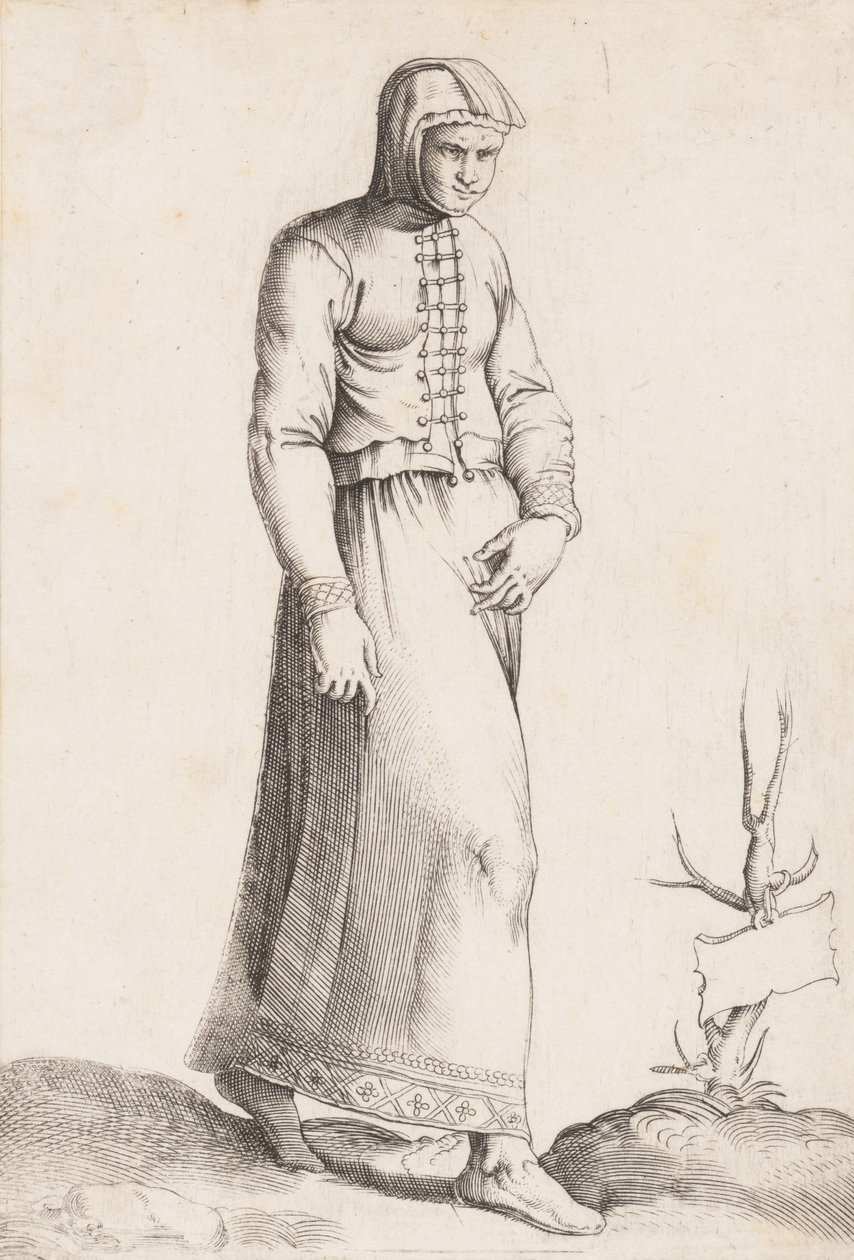 Kostýmní deska: Žena s oděvem s kapucí, ca. 1557-58. od Enea Vico