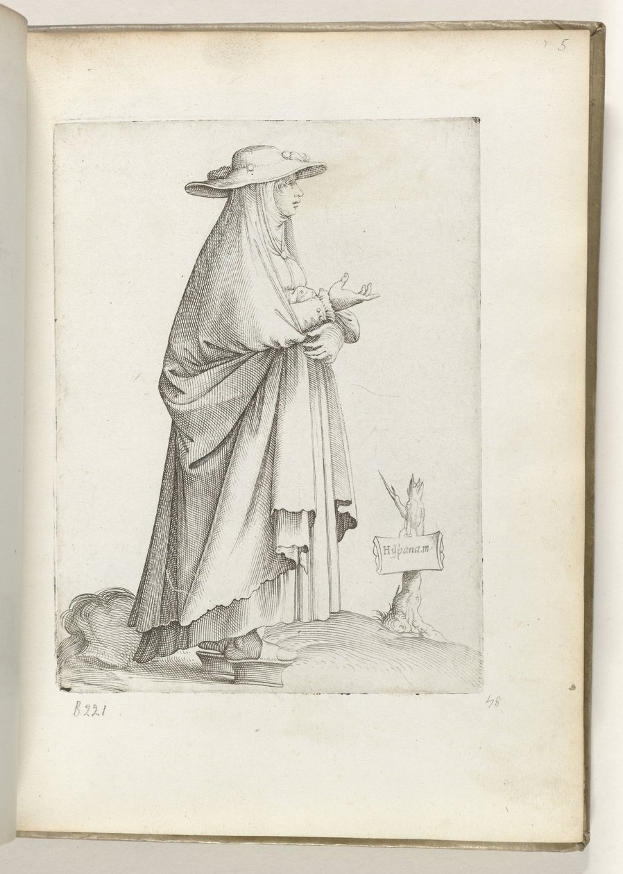 španělský m(ulier) (název na objektu) Vrouw naar rechts, ve španělštině kleding. ca. 1550 Postoje různých národů našeho věku (název série) od Enea Vico
